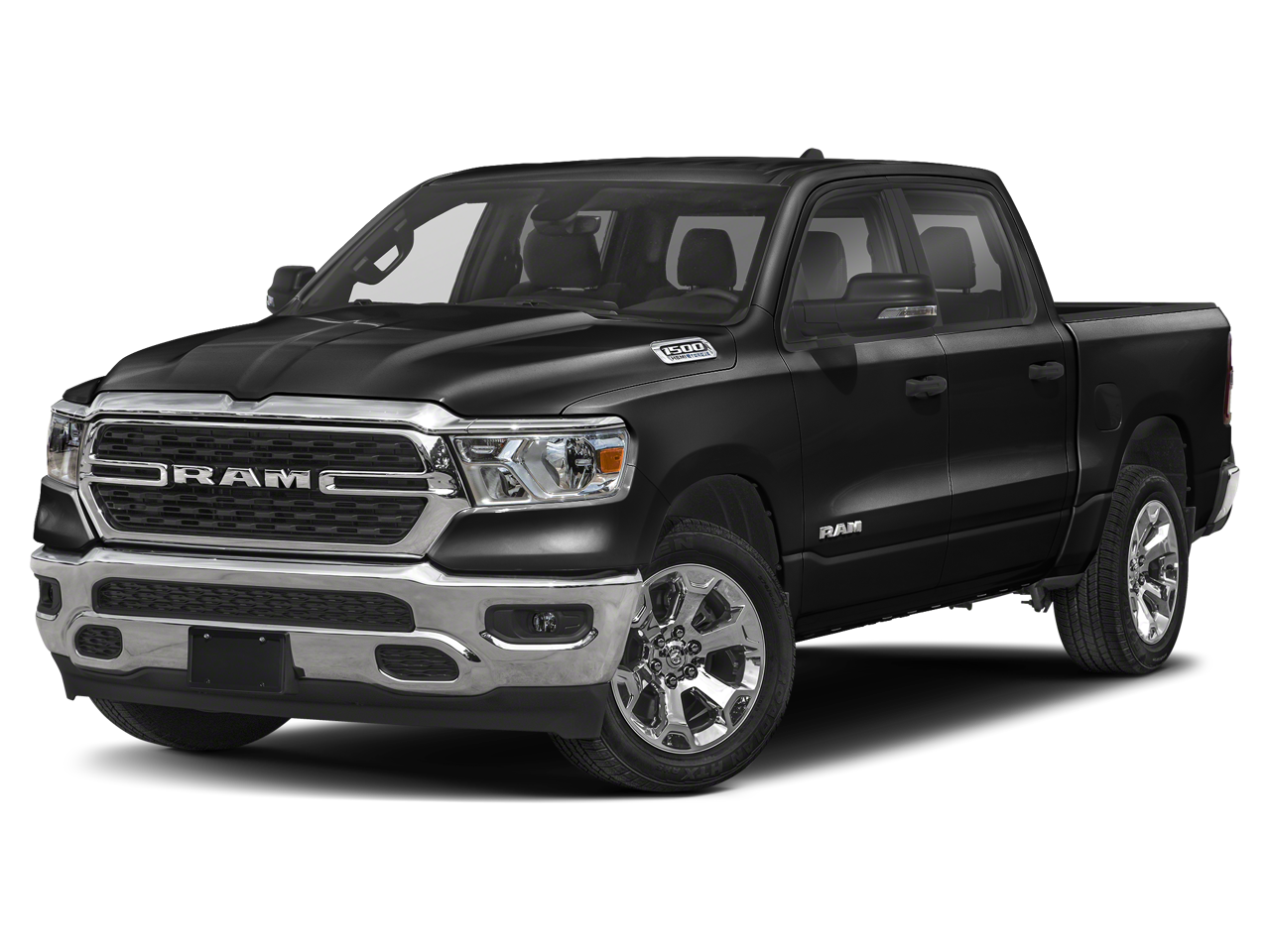 2023 RAM 1500 Big Horn Crew Cab 4x4 5'7' Box in Diamond Black Crystal Pearlcoat — front three-quarter view