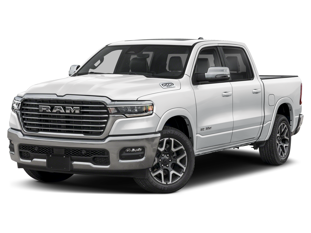2026 RAM Ram 1500 RAM 1500 LARAMIE CREW CAB 4X4 5'7' BOX in Bright White Clear-Coat Exterior Paint — front three-quarter view