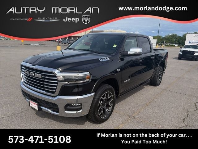 2026 RAM Ram 1500 RAM 1500 LARAMIE CREW CAB 4X4 5'7' BOX in Diamond Black Crystal Pearl-Coat Exterior Paint — front three-quarter view