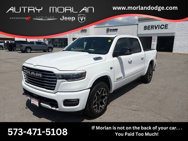 2026 RAM Ram 1500 RAM 1500 LARAMIE CREW CAB 4X4 5'7' BOX in Bright White Clear-Coat Exterior Paint — front three-quarter view