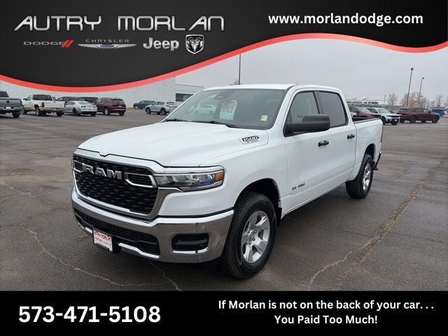 2025 RAM Ram 1500 RAM 1500 TRADESMAN CREW CAB 4X4 5'7' BOX in Bright White Clear-Coat Exterior Paint — front three-quarter view
